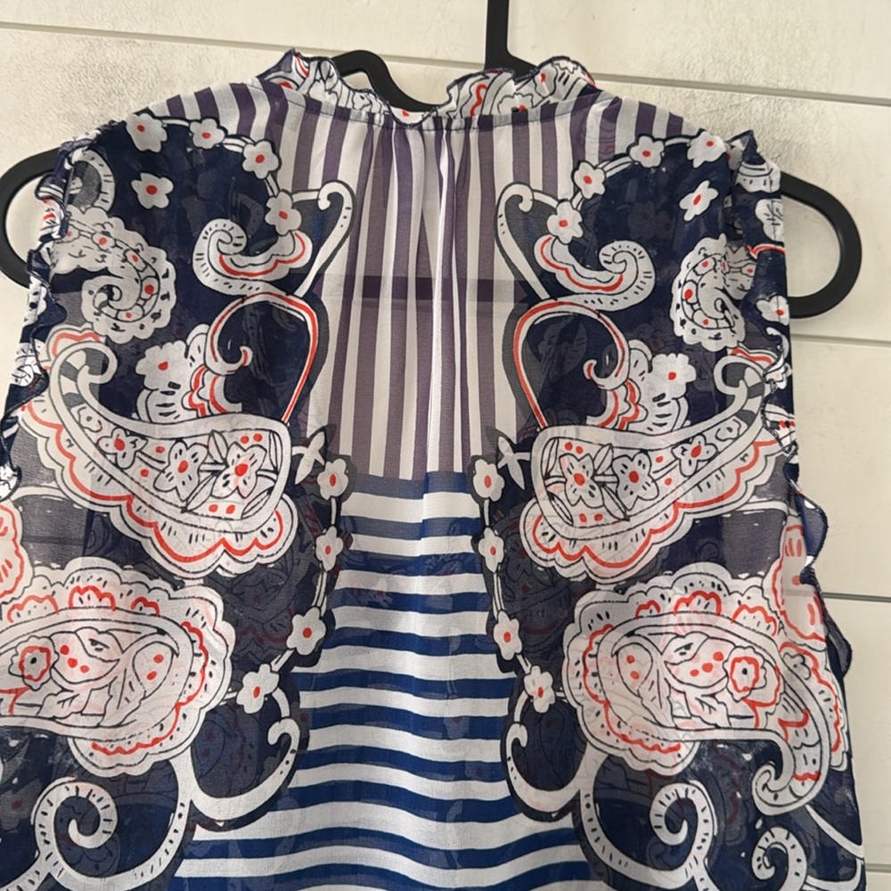 Cabi XS (generous) Floral Paisley Striped Peplum Sheer Ruffled Trim V-Neck Top - Picture 8 of 12